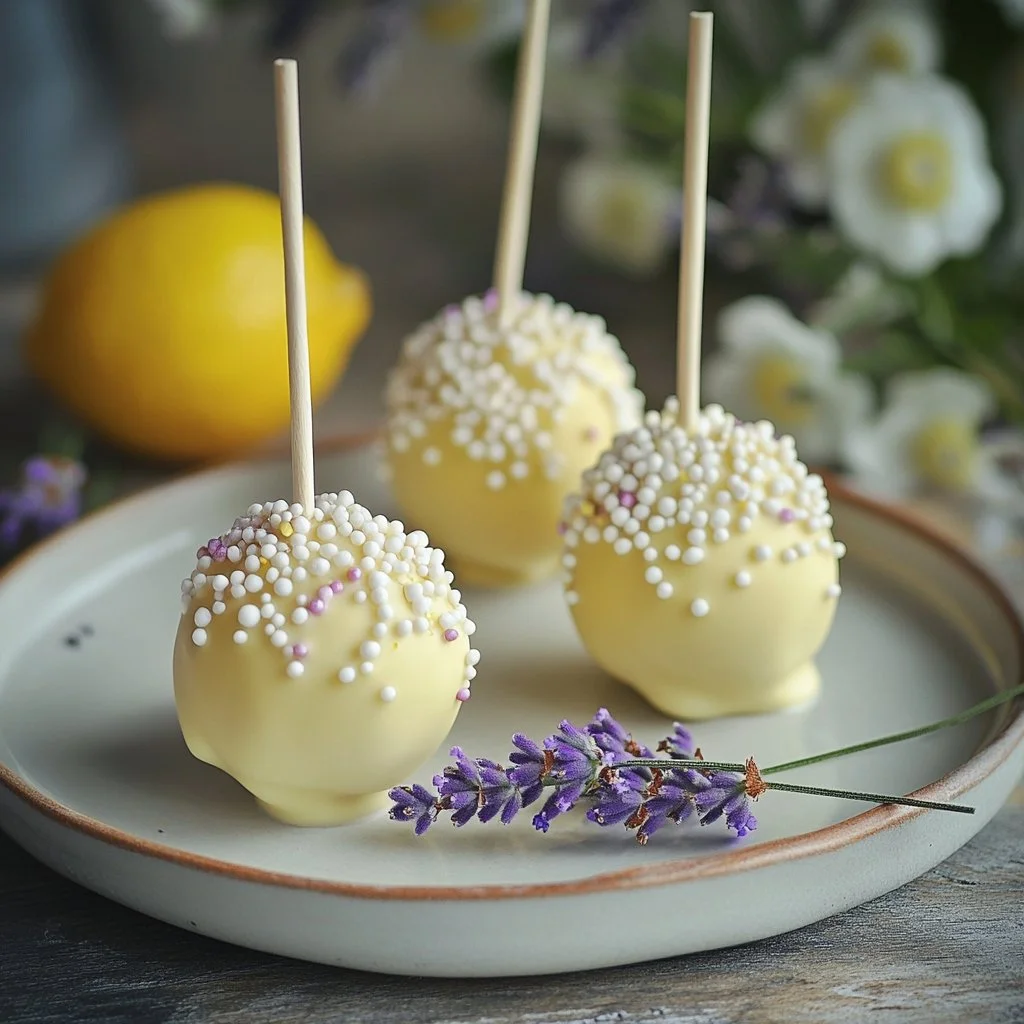 Delicious lemon cake pops decorated with sprinkles on a white plate