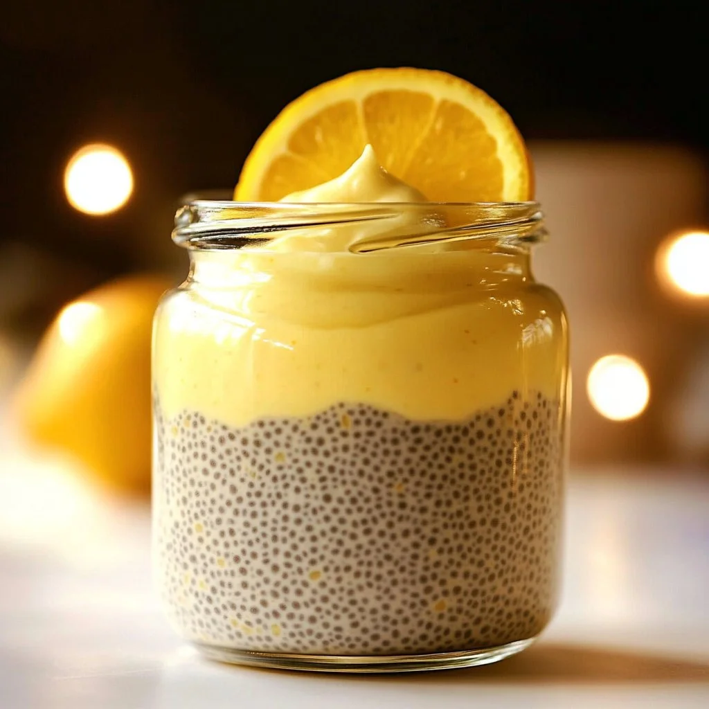 Delicious Lemon Cream Chia Pudding in a glass with lemon slices