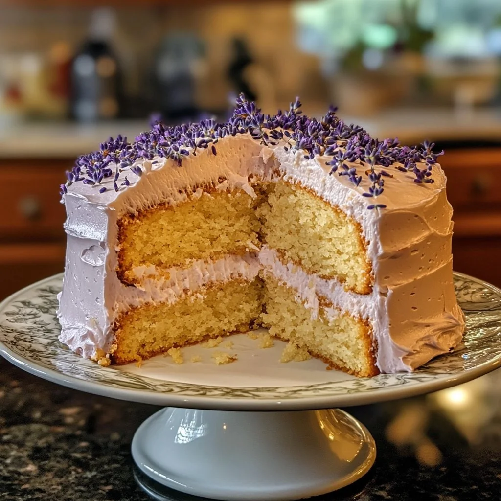 Moist lemon lavender cake with lemon zest and lavender flowers, beautifully displayed.