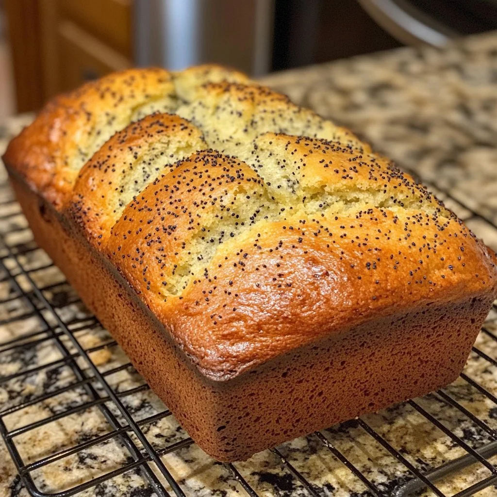 Sliced lemon poppy seed bread on a wooden table with lemon slices.