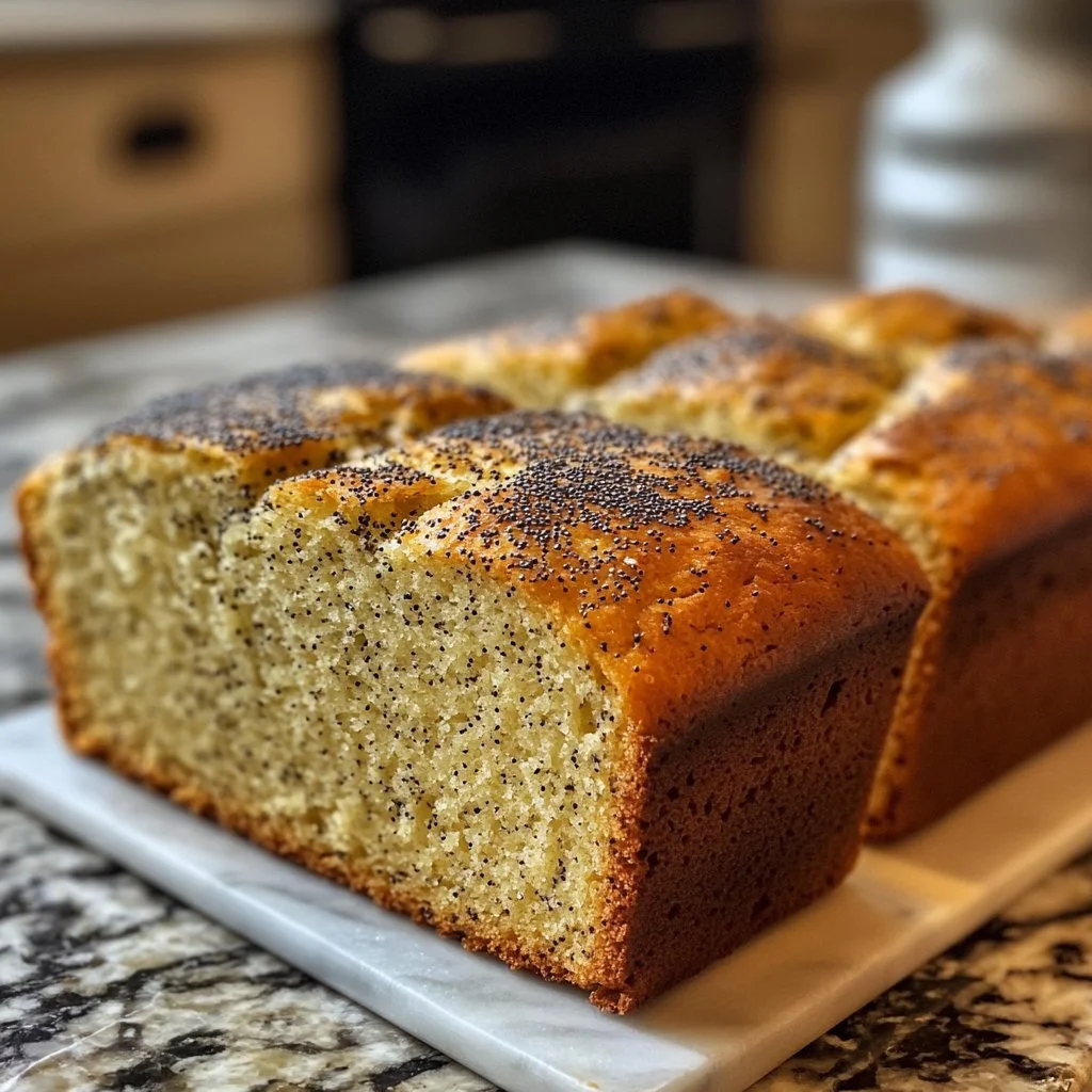 Sliced lemon poppy seed bread on a wooden cutting board