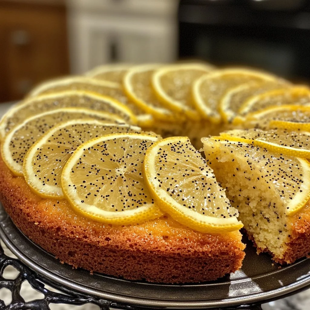 Sliced lemon poppy seed cake on a white plate garnished with lemon zest