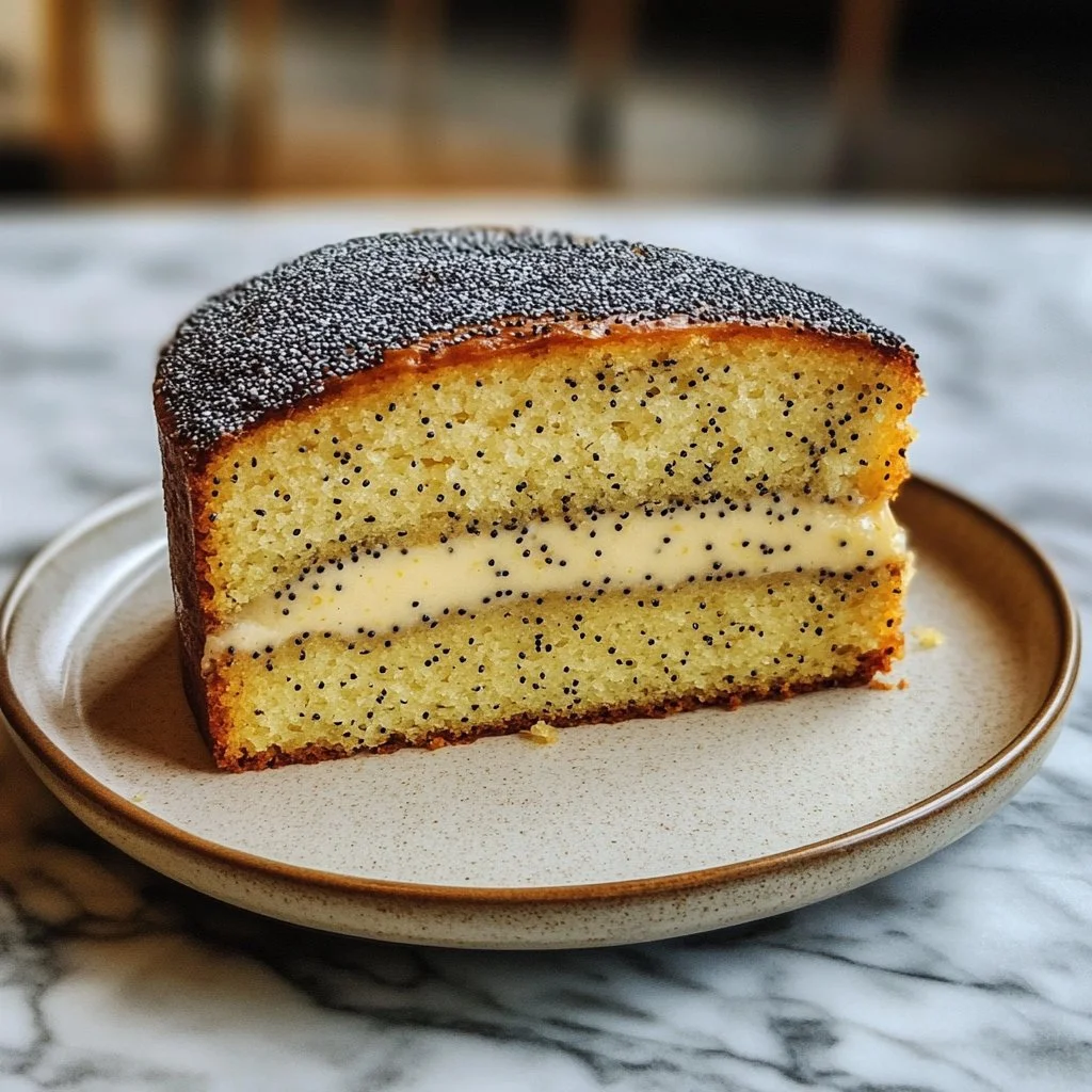Delicious lemon poppy seed cake garnished with lemon zest and poppy seeds.