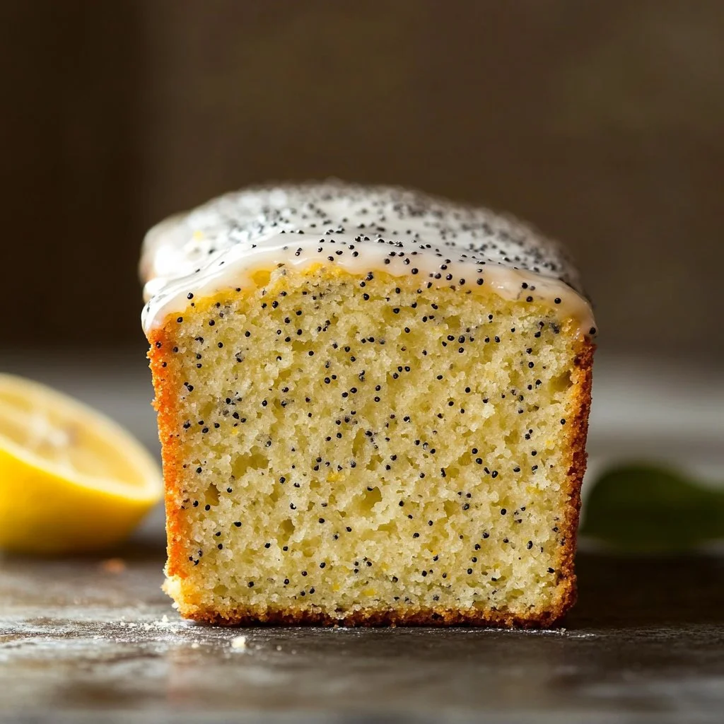 Freshly baked Lemon Poppy Seed Loaf Cake with lemon glaze
