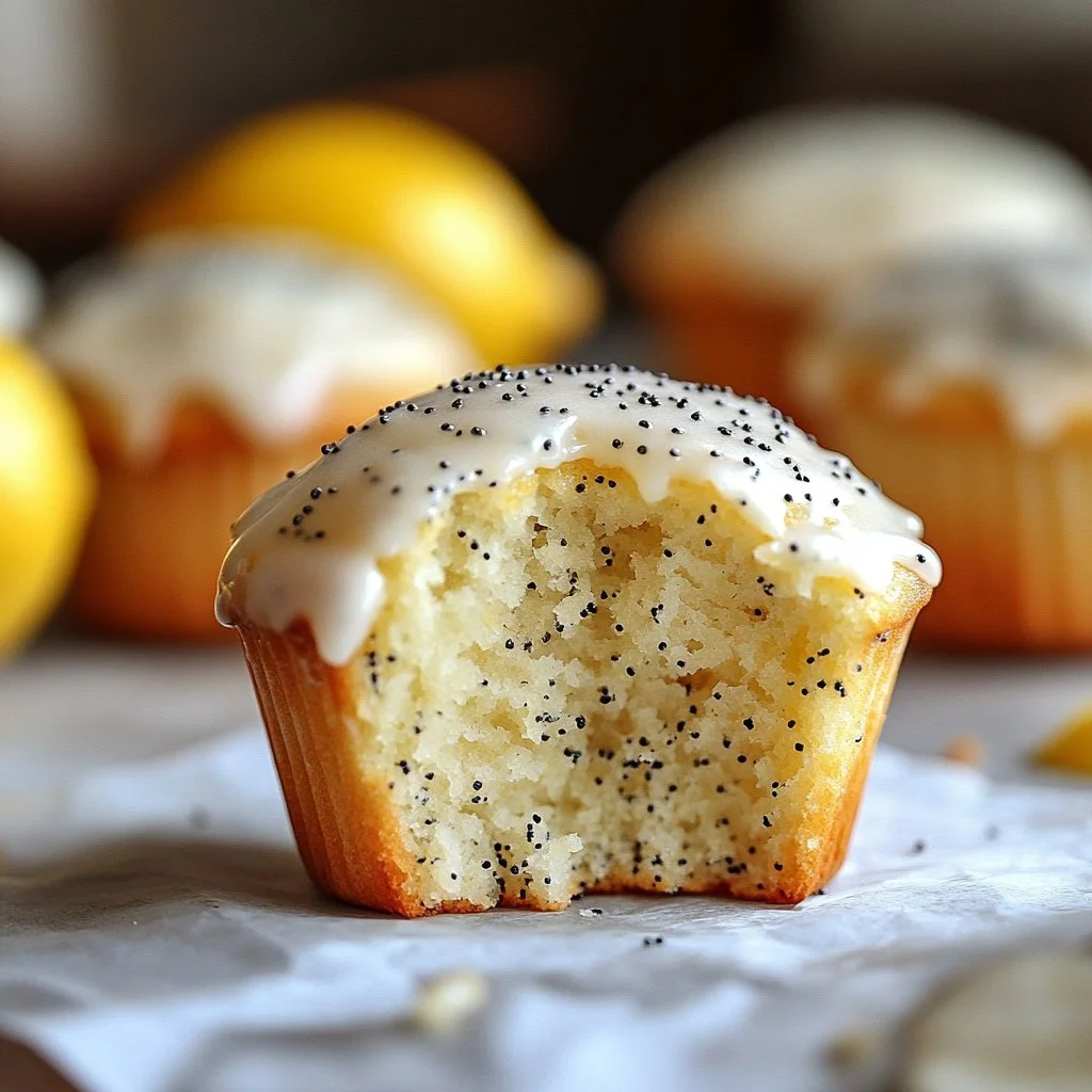 Freshly baked lemon poppy seed muffins with a lemon glaze on top