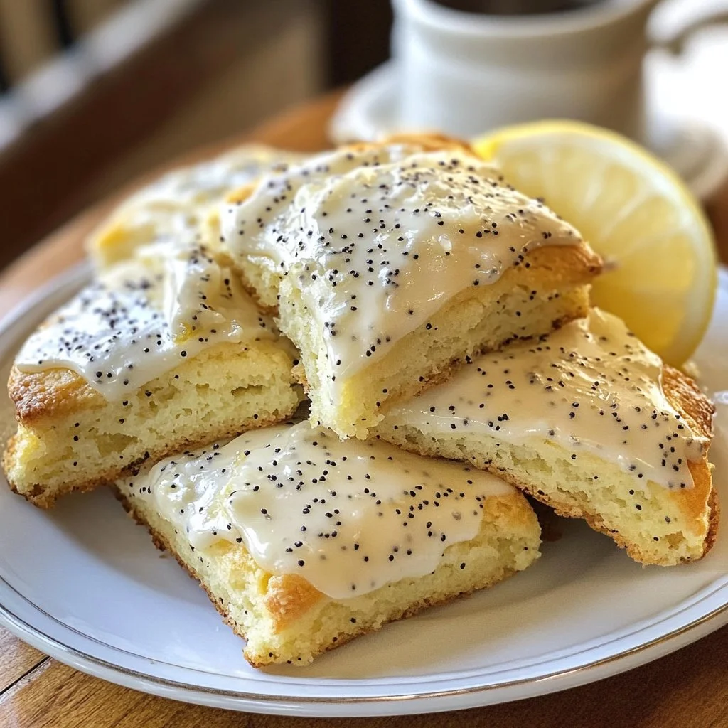Freshly baked lemon poppyseed scones with a golden crust and a light texture.