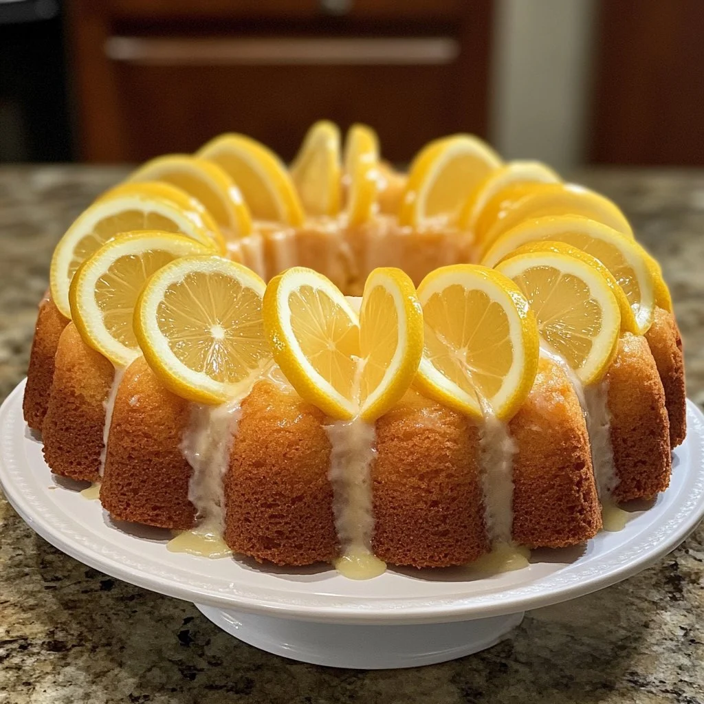 Moist lemon pound cake slice with a zesty glaze on a white plate