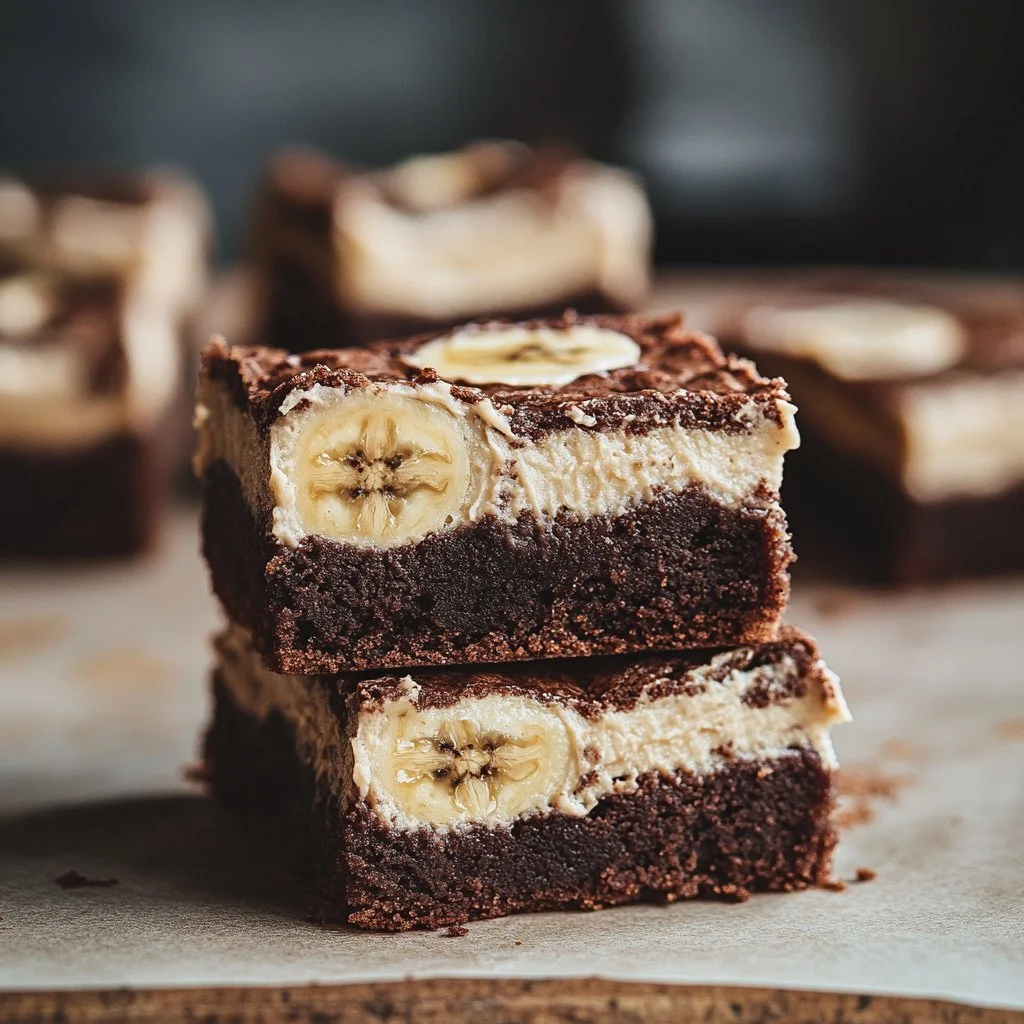 Moist banana bread brownies topped with chocolate icing on a wooden table