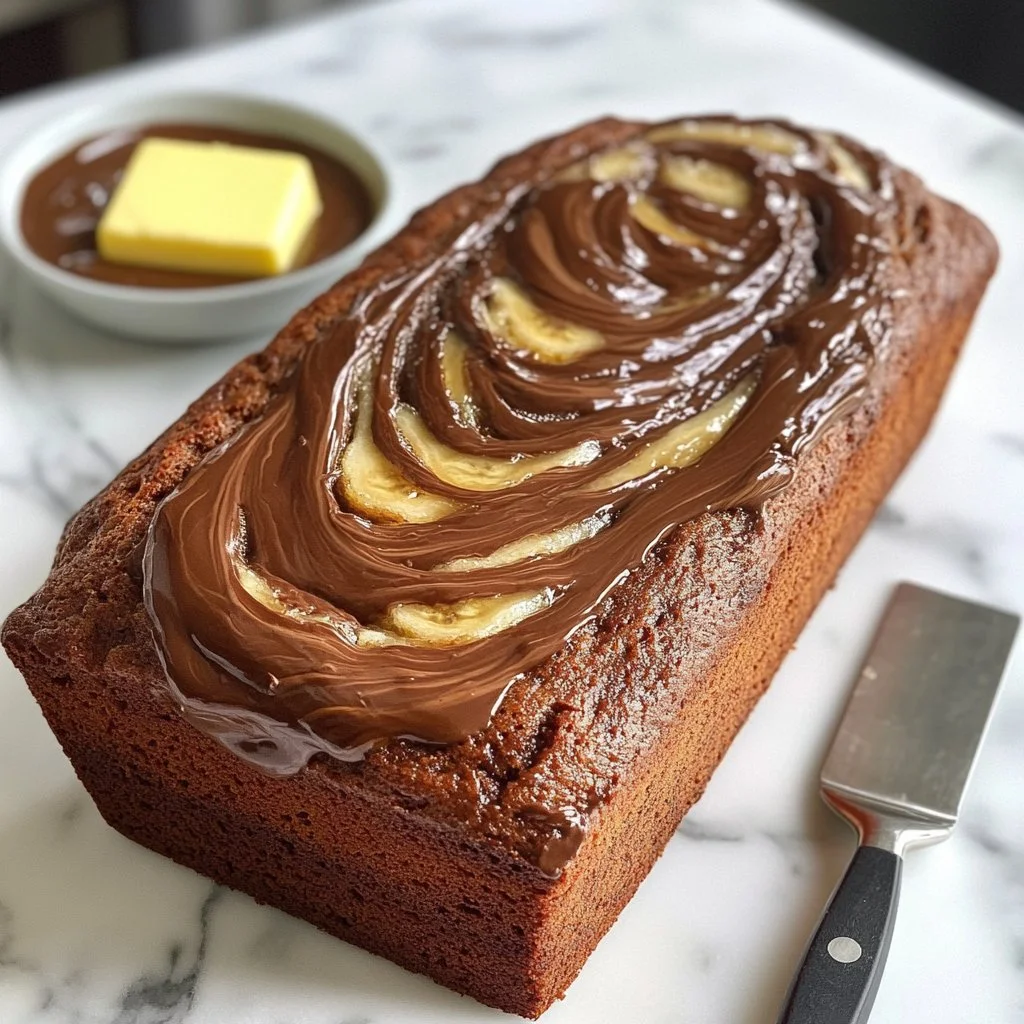 Delicious slice of Nutella banana bread with chocolate spread and bananas