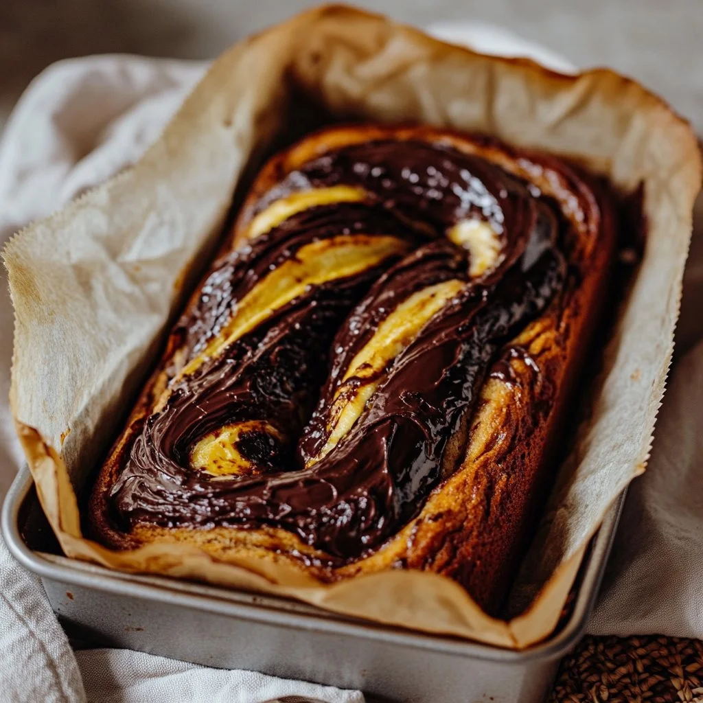 Loaf of moist Nutella Banana Bread with chocolate hazelnut spread and banana slices.