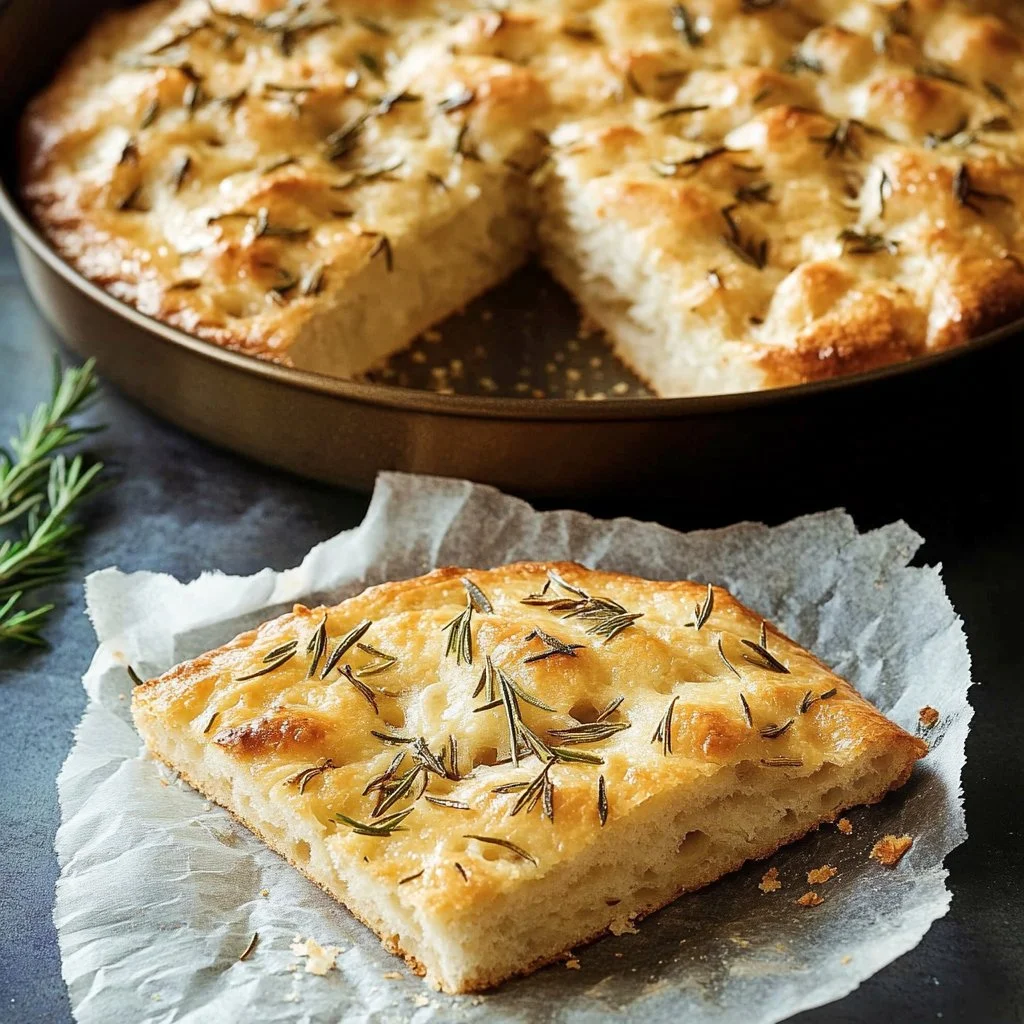 Homemade one hour rosemary focaccia bread with herbs and olive oil