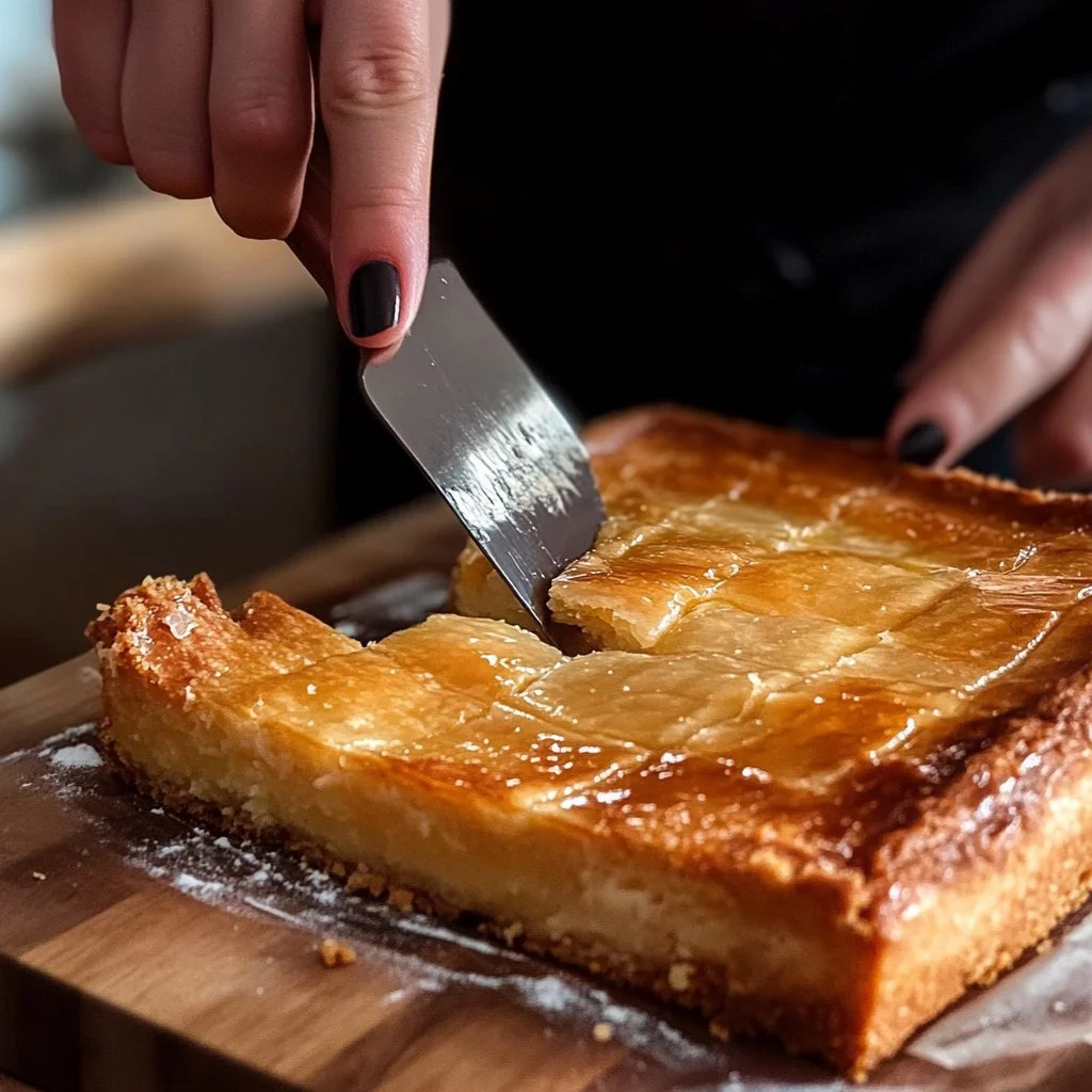 Delicious slice of ooey gooey butter cake served on a plate
