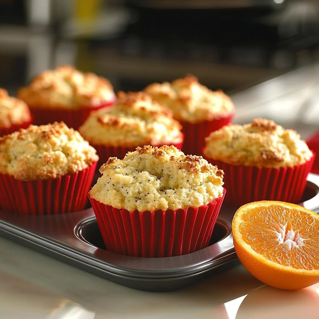 Delicious homemade orange muffins with poppyseeds on a rustic table