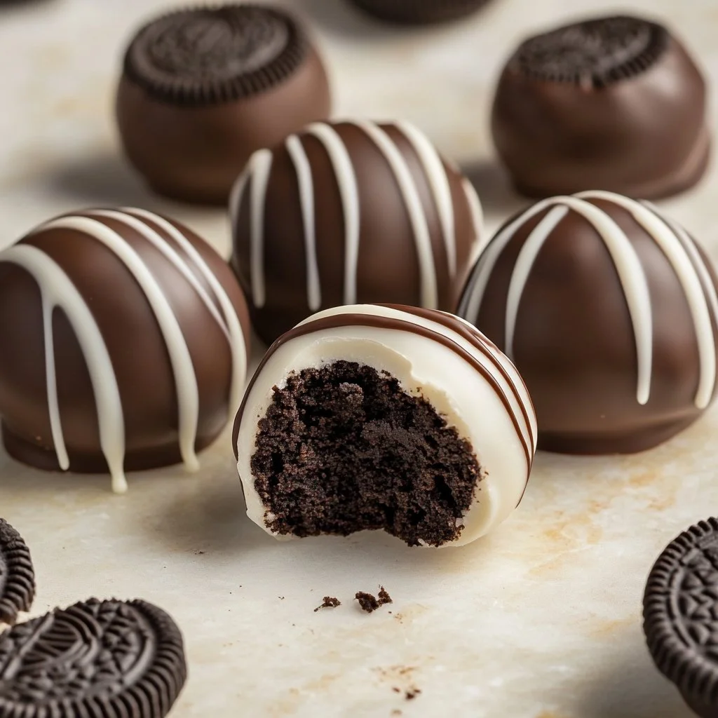 Delicious homemade Oreo Cake Pops coated in chocolate and decorated with sprinkles.
