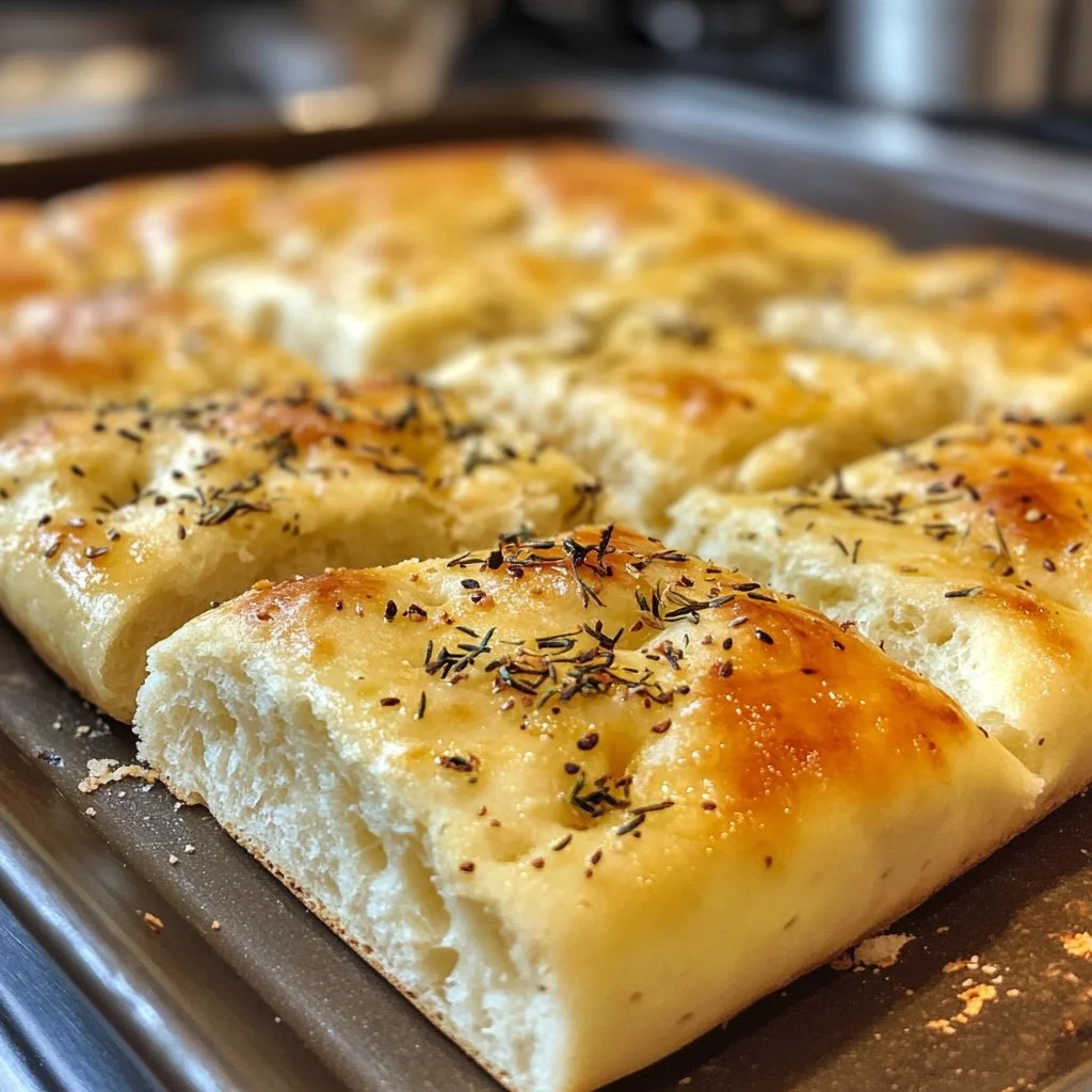 Delicious homemade overnight focaccia bread with herbs and olive oil.