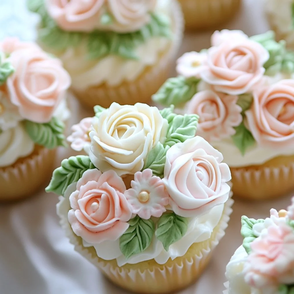 Peachy pink bridal shower cupcakes decorated with floral designs.