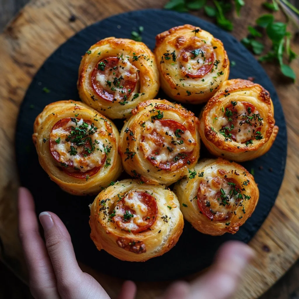 Pepperoni pizza rolls fresh out of the oven, golden and cheesy.