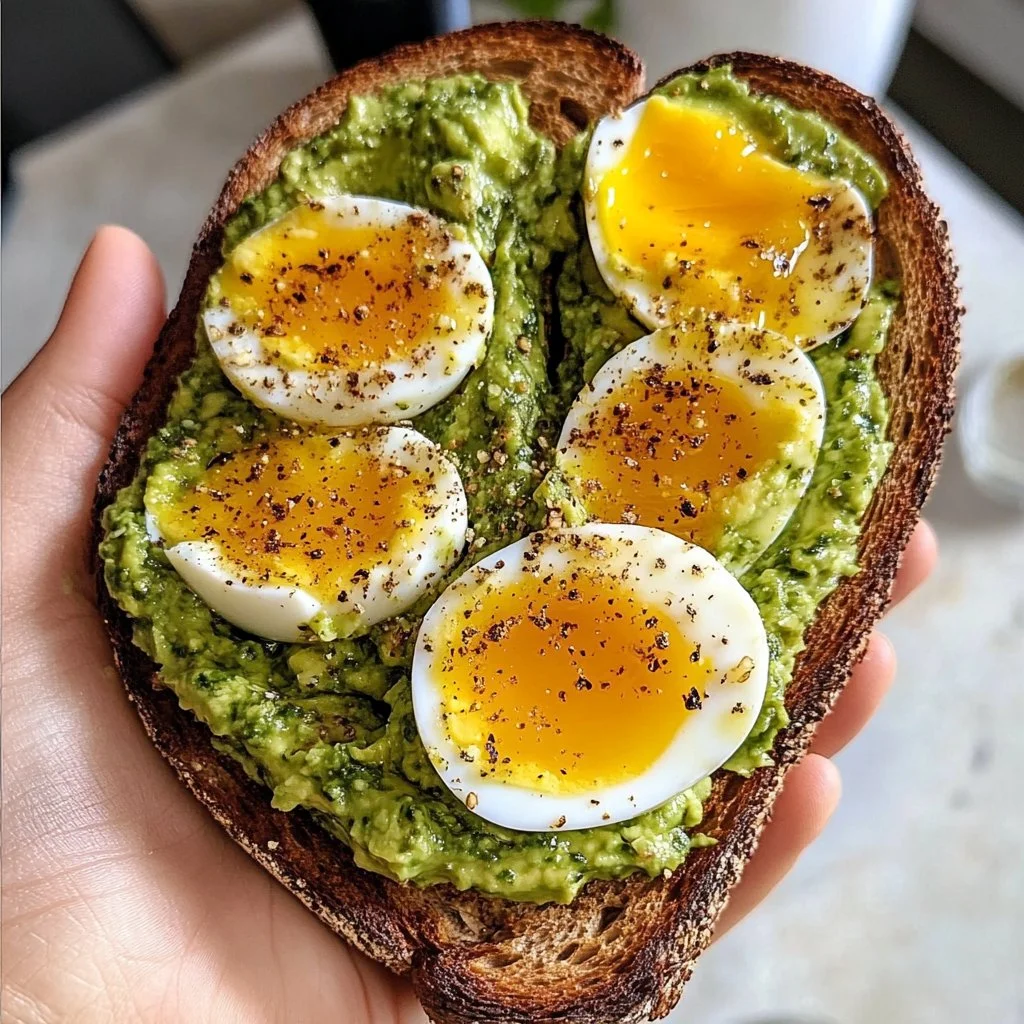 Pesto avocado toast topped with fresh basil and cherry tomatoes