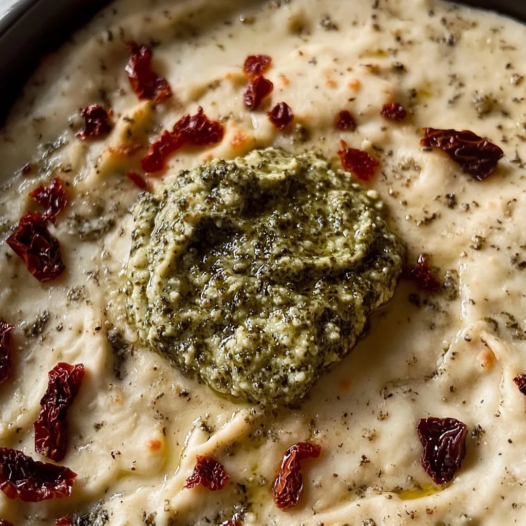Freshly baked pesto sourdough focaccia topped with herbs and olive oil.