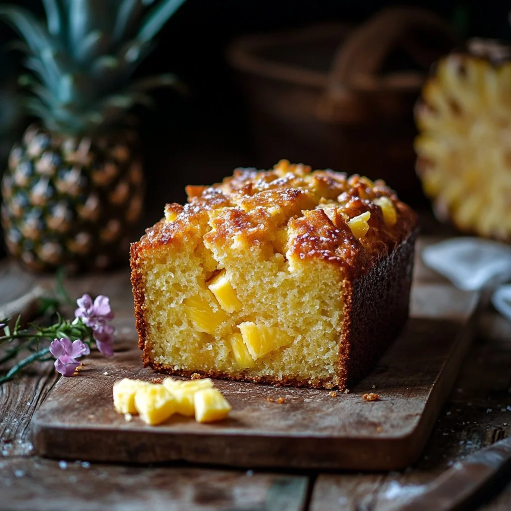 Loaf of freshly baked Pineapple Quick Bread with slices on a wooden table