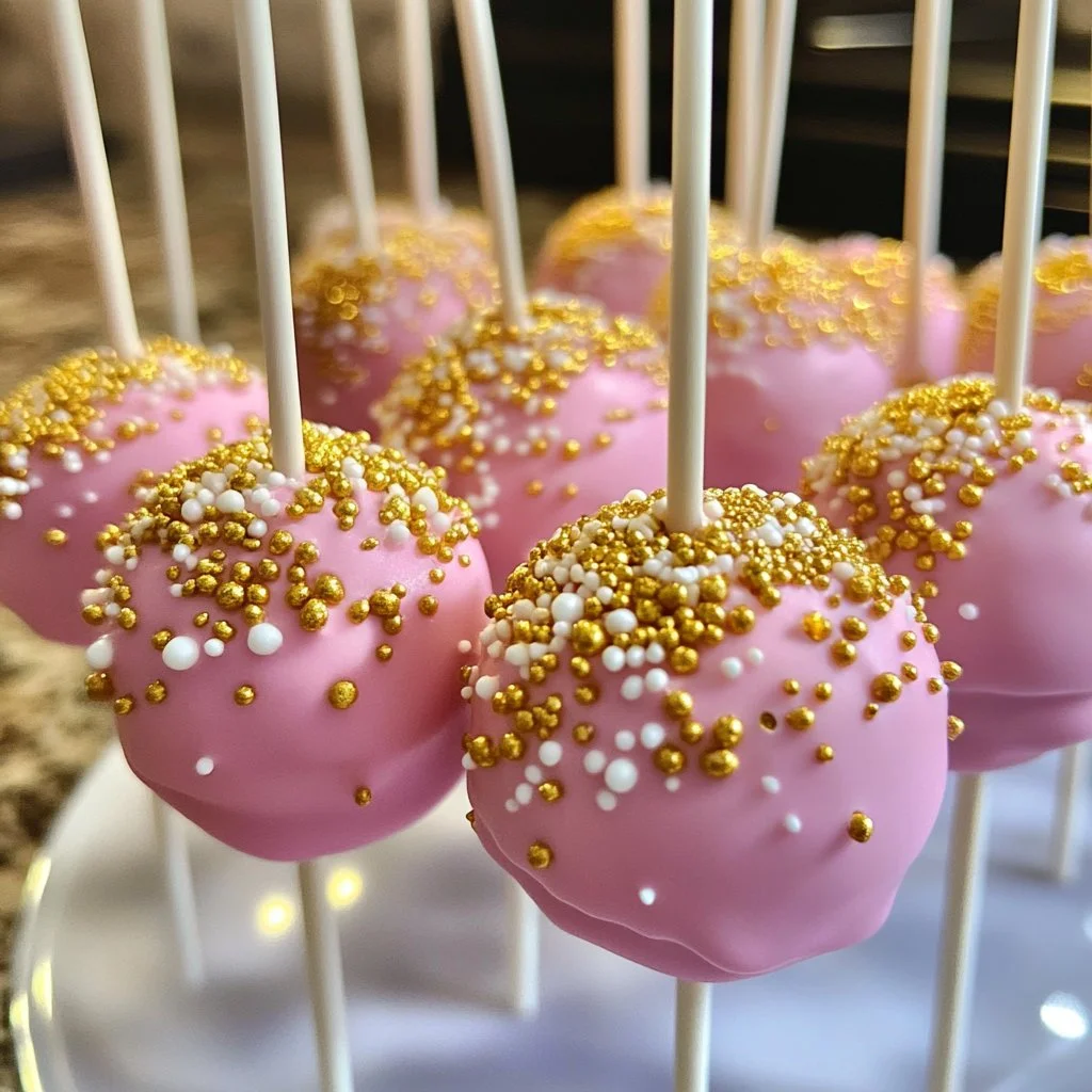 Pink and gold cake pops arranged on a decorative platter for special occasions.