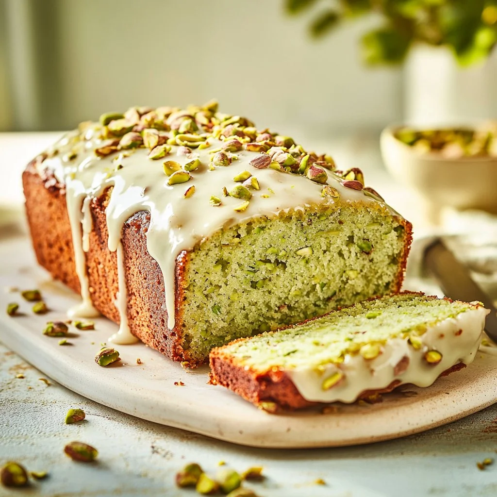 Pistachio Lemon Breakfast Bread topped with fresh lemon zest and nuts.