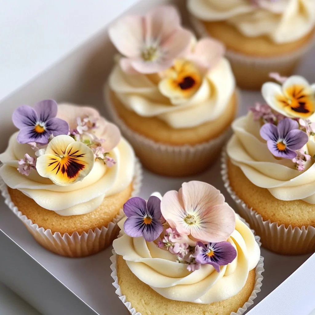 Decorative pressed flower cupcakes beautifully arranged on a table