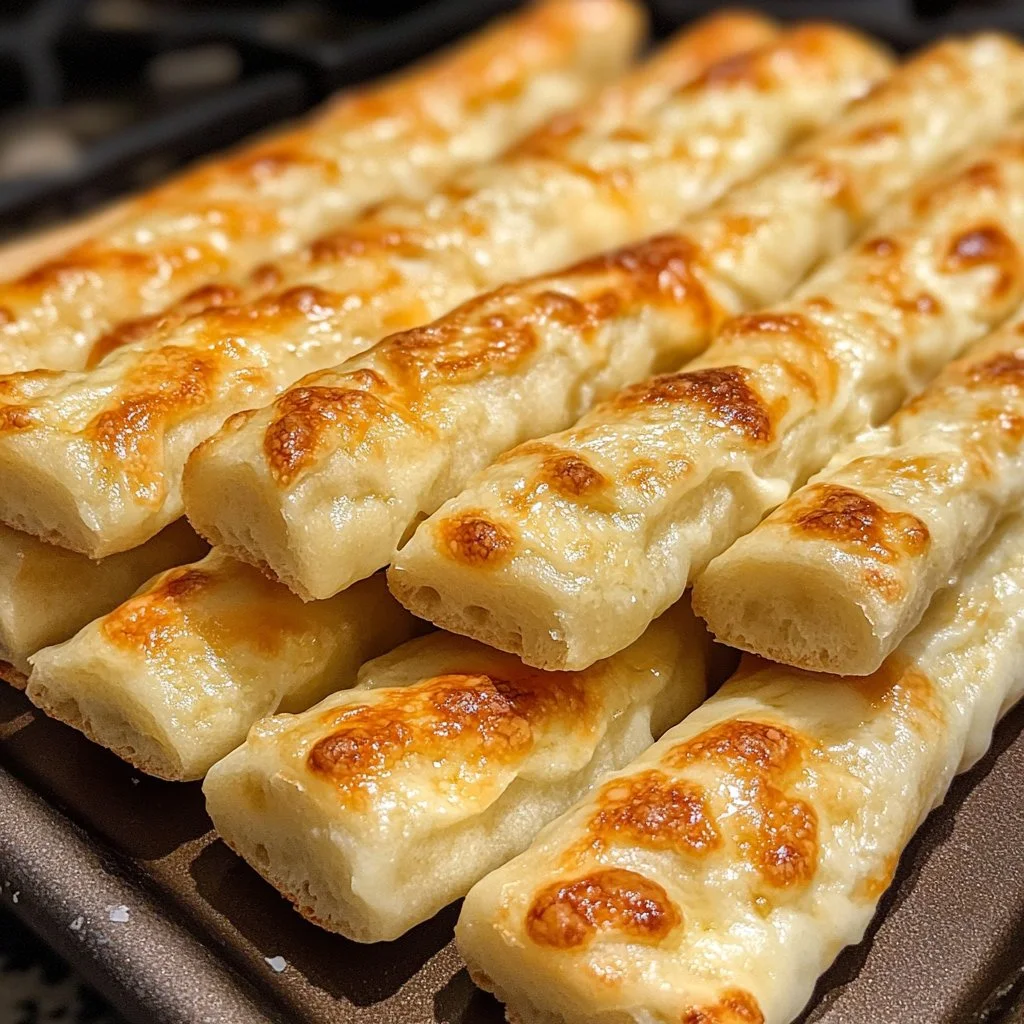Freshly baked cheesy sourdough breadsticks on a wooden table.