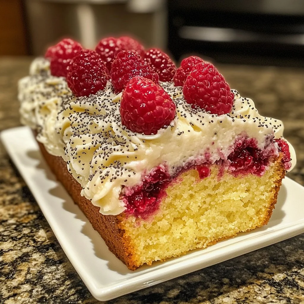Sliced Raspberry Lemon Poppyseed Loaf Cake topped with fresh raspberries