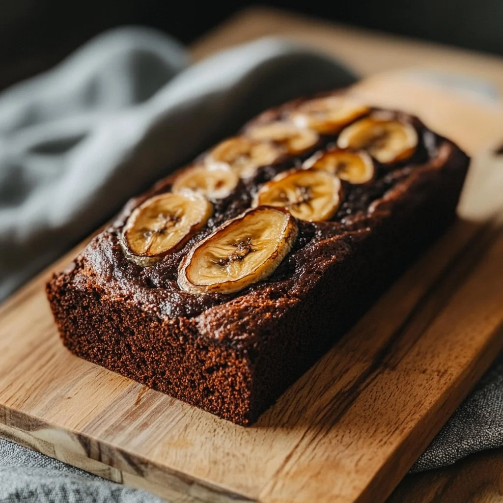 Slice of rich chocolate banana bread on a wooden board