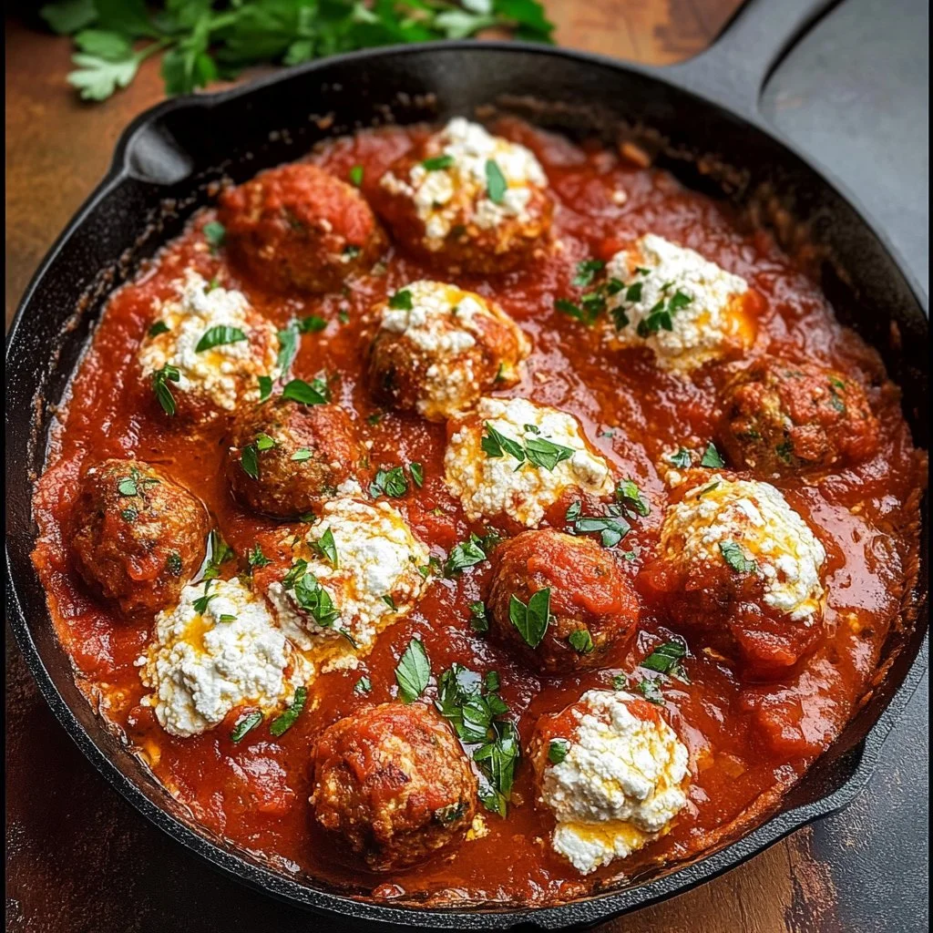 Delicious ricotta meatballs served with marinara sauce and garnish.