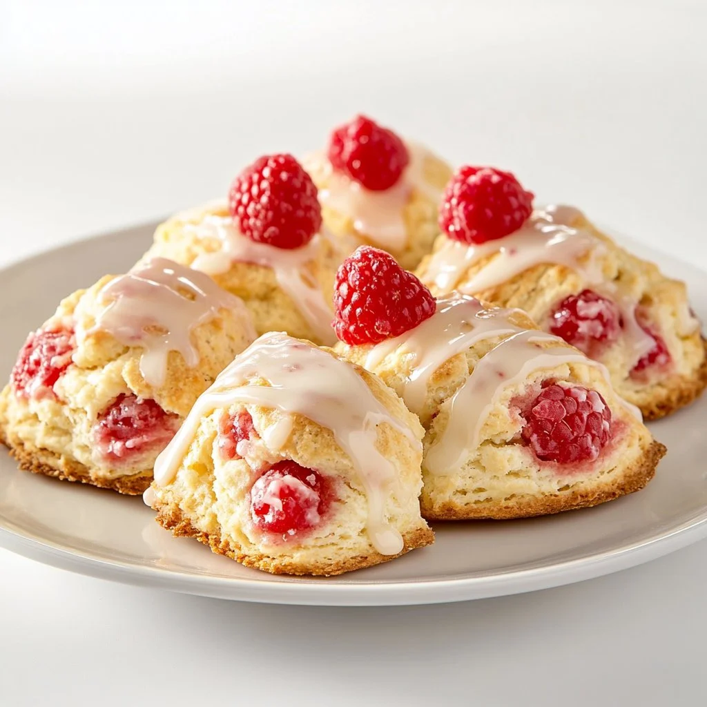 Freshly baked lemon raspberry scones on a cooling rack