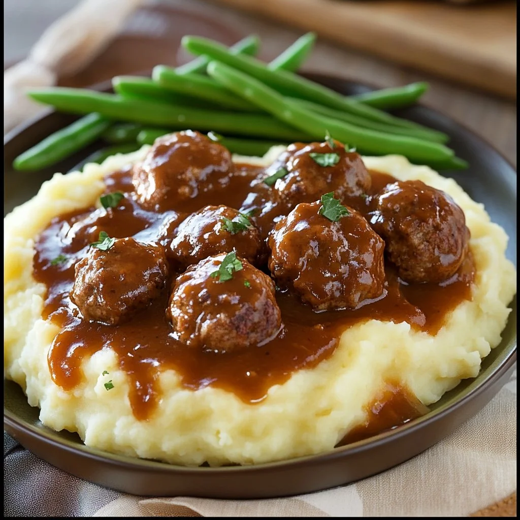 Delicious Salisbury Meatballs served with creamy mashed potatoes on a plate.