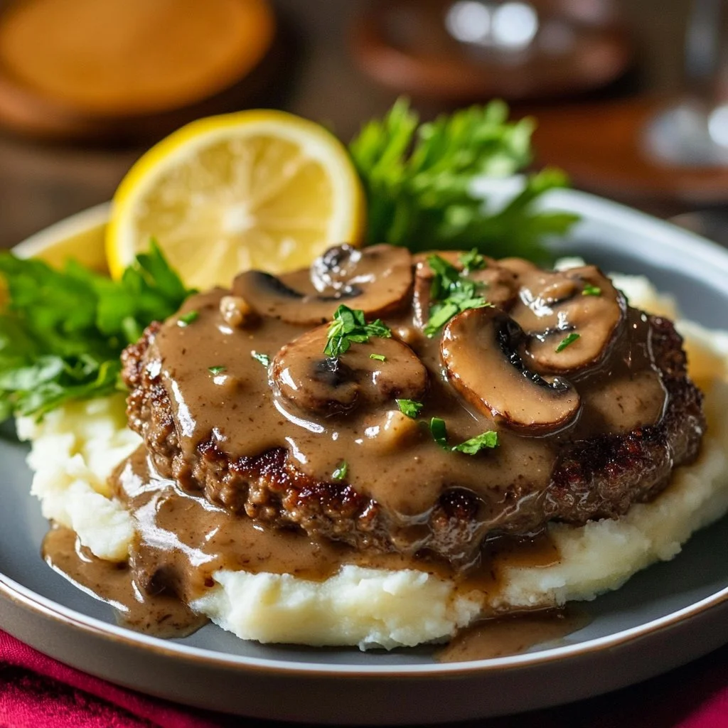 Delicious Salisbury Steak served with gravy and mashed potatoes.