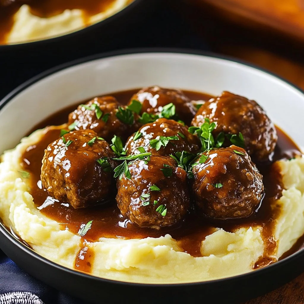 Salisbury steak meatballs served with gravy and mashed potatoes