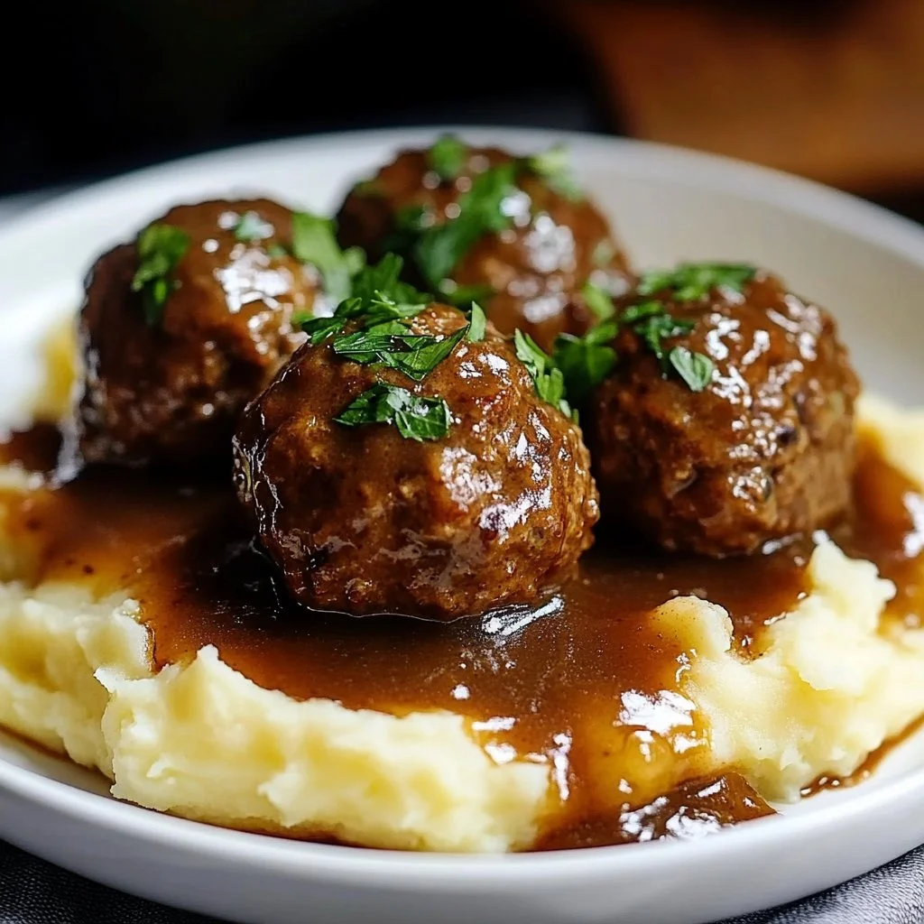 Delicious Salisbury steak meatballs served with gravy and mashed potatoes.
