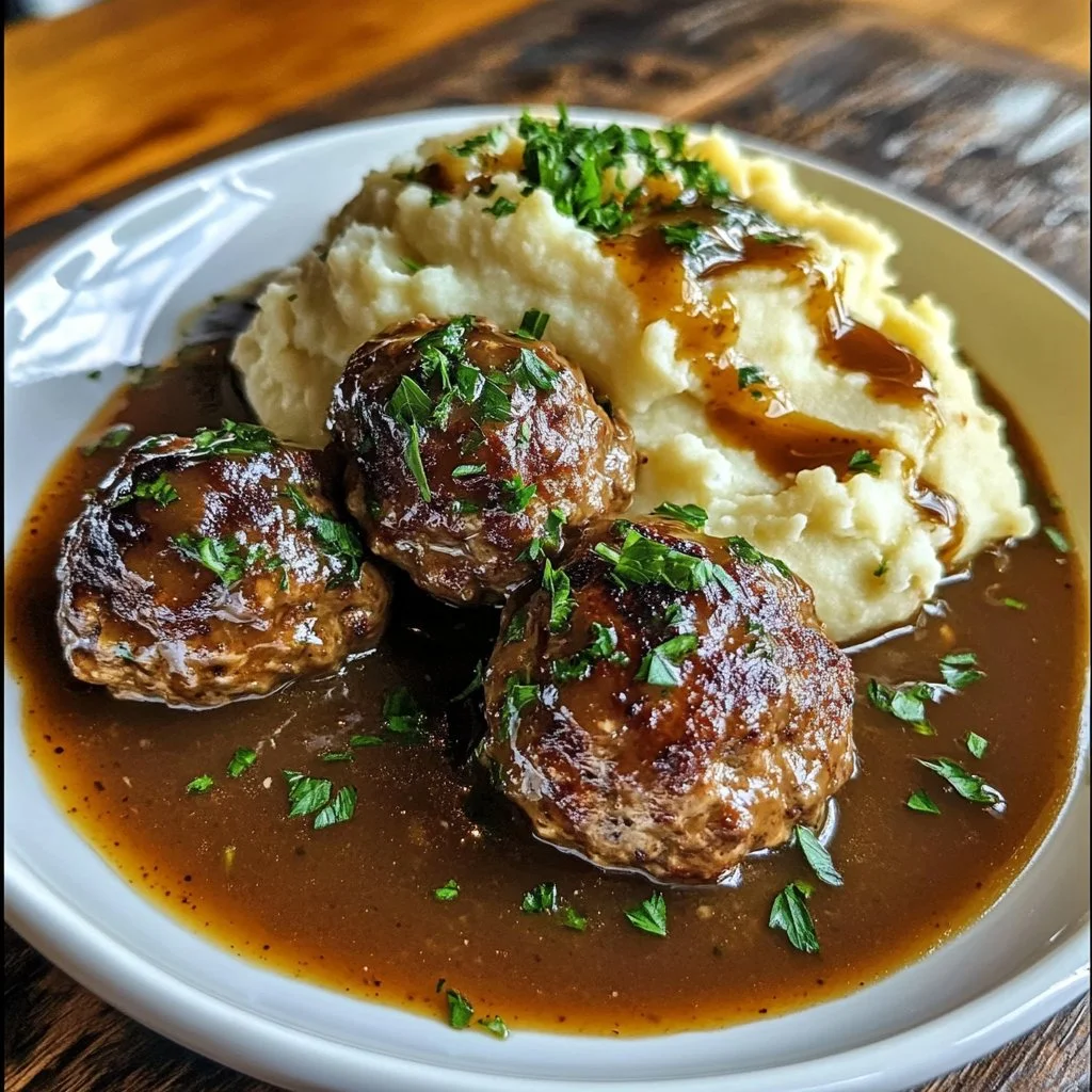 Salisbury steak meatballs with garlic herb mashed potatoes on a plate