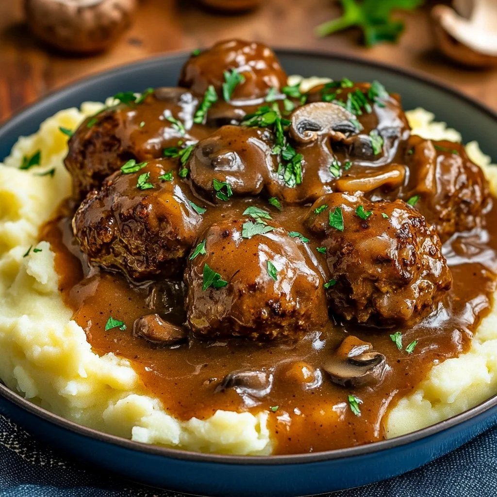 Plate of Salisbury steak meatballs topped with rich mushroom gravy