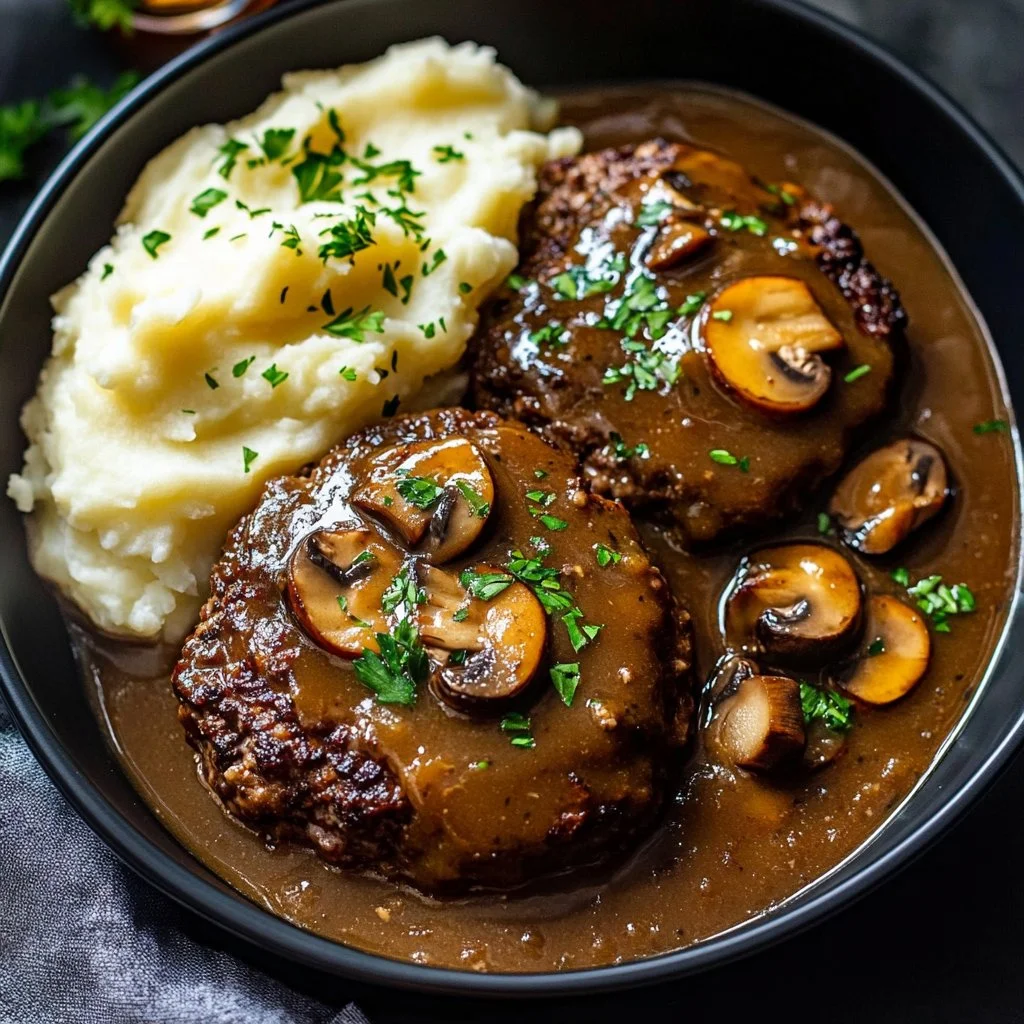 Delicious Salisbury steak served with gravy and vegetables for a family dinner