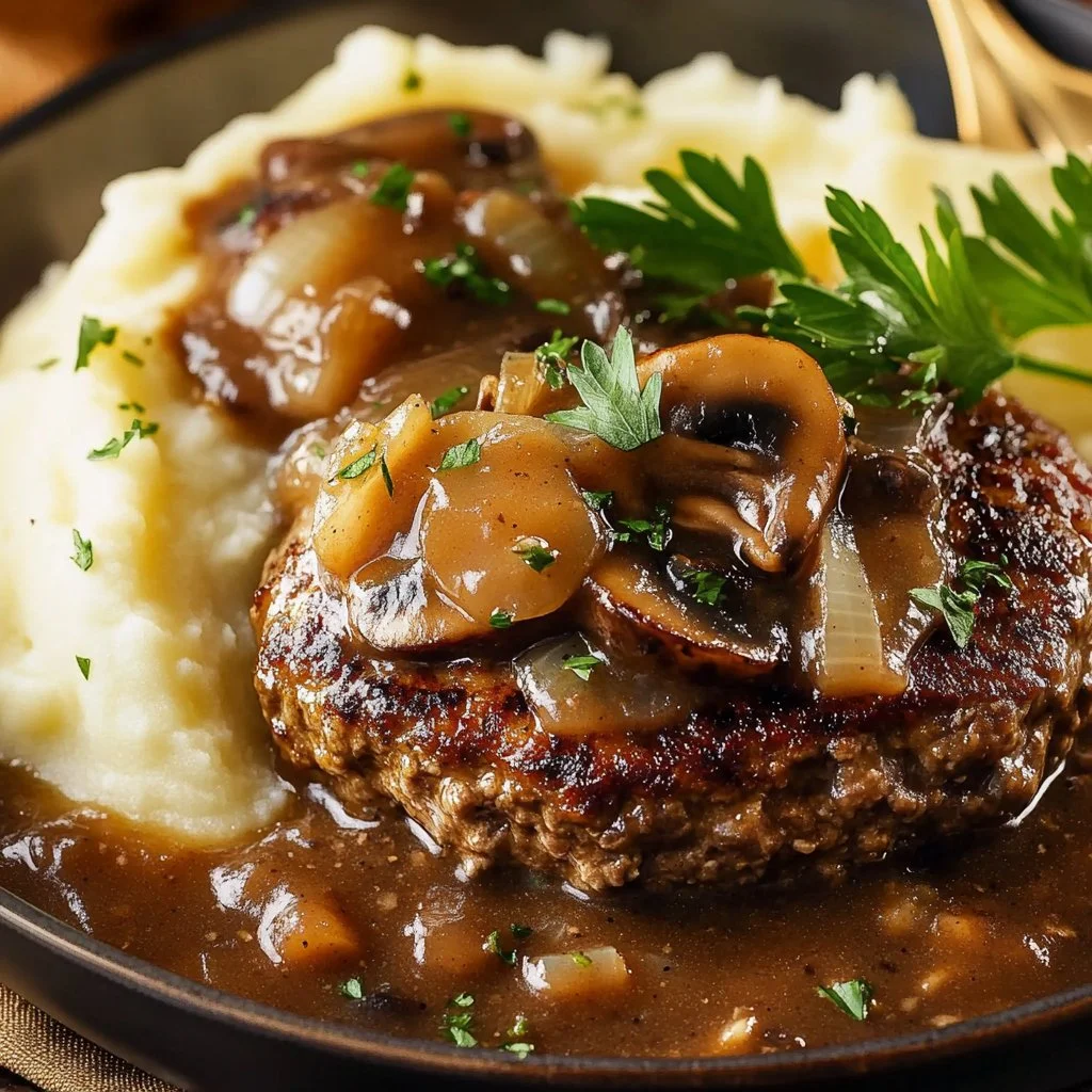 Delicious Salisbury steak topped with rich mushroom gravy on a plate