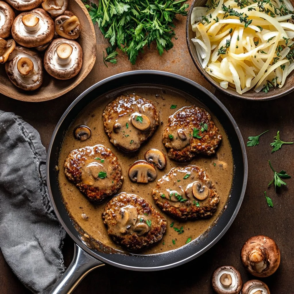 Delicious Salisbury steak topped with rich mushroom gravy on a plate.
