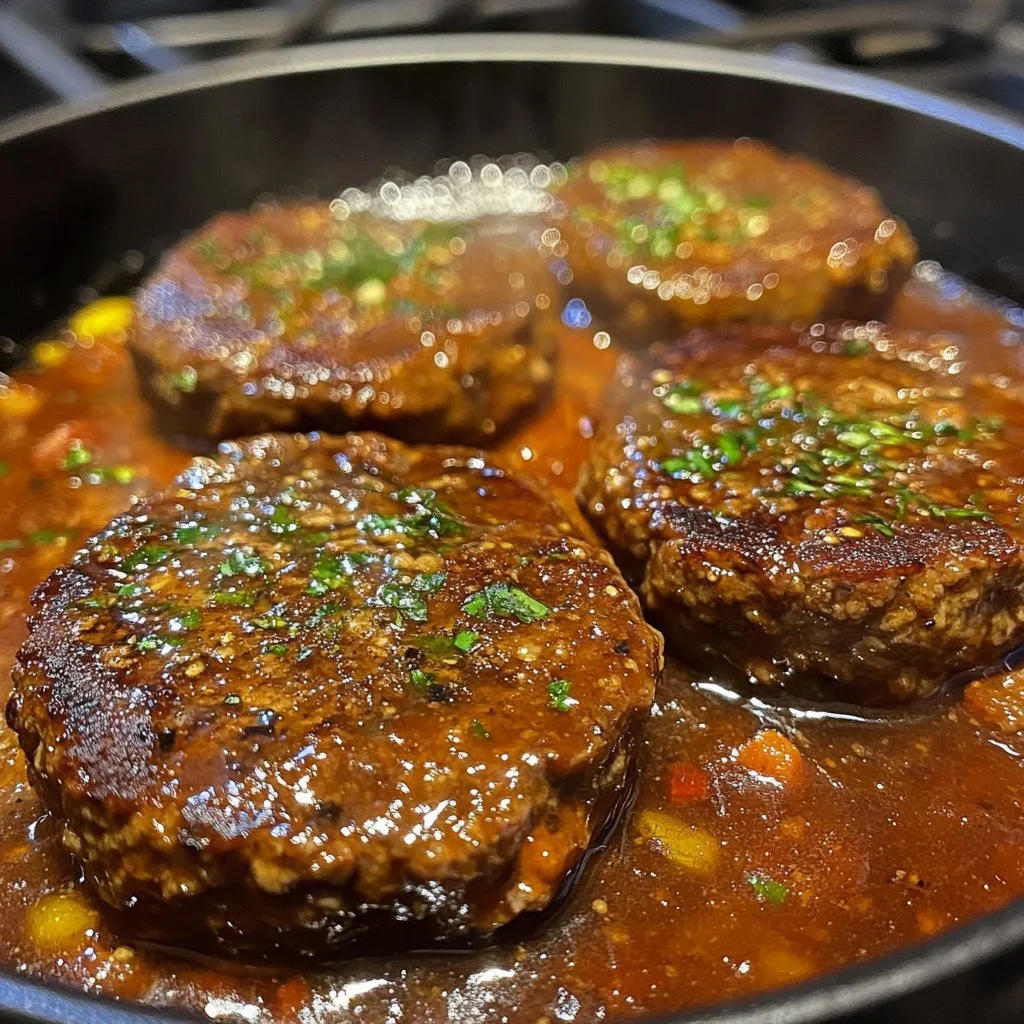 Homemade Salisbury steaks served with gravy and vegetables