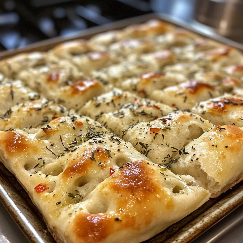 Freshly baked same day focaccia bread ready to serve.