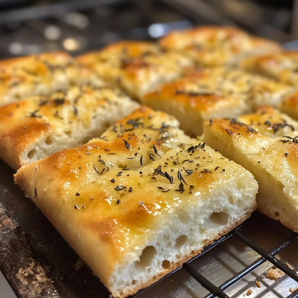 Freshly baked same day sourdough focaccia bread with herbs and olive oil