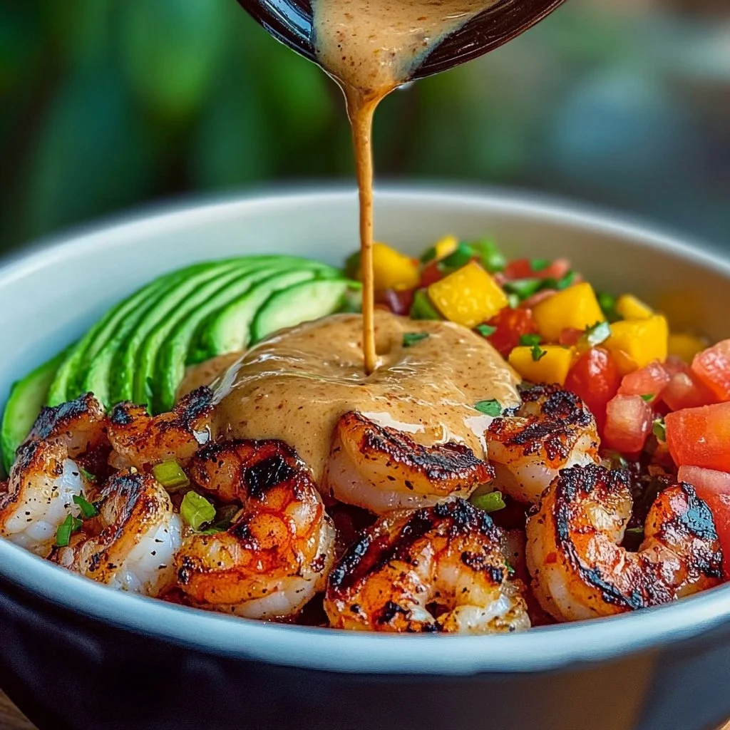 Shrimp avocado bowls with mango salsa and lime-chili sauce served in a bowl