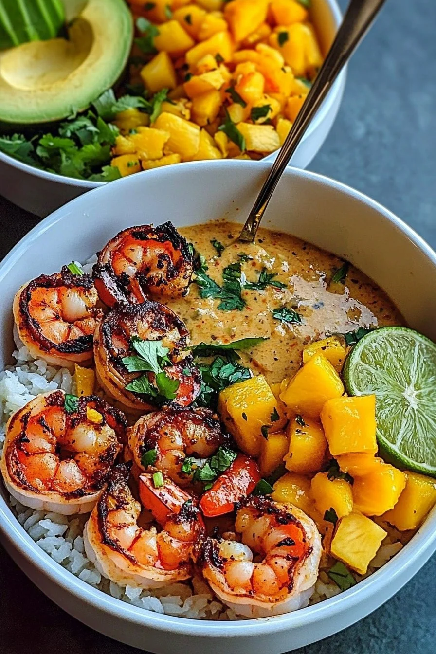 Shrimp and Avocado Bowls with Mango Salsa & Lime-Chili Sauce