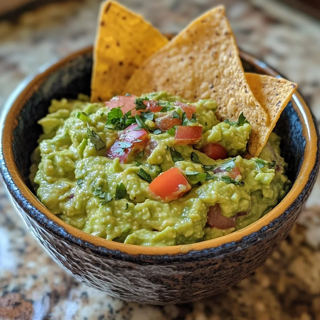 Bowl of simple guacamole made with ripe avocados and fresh ingredients