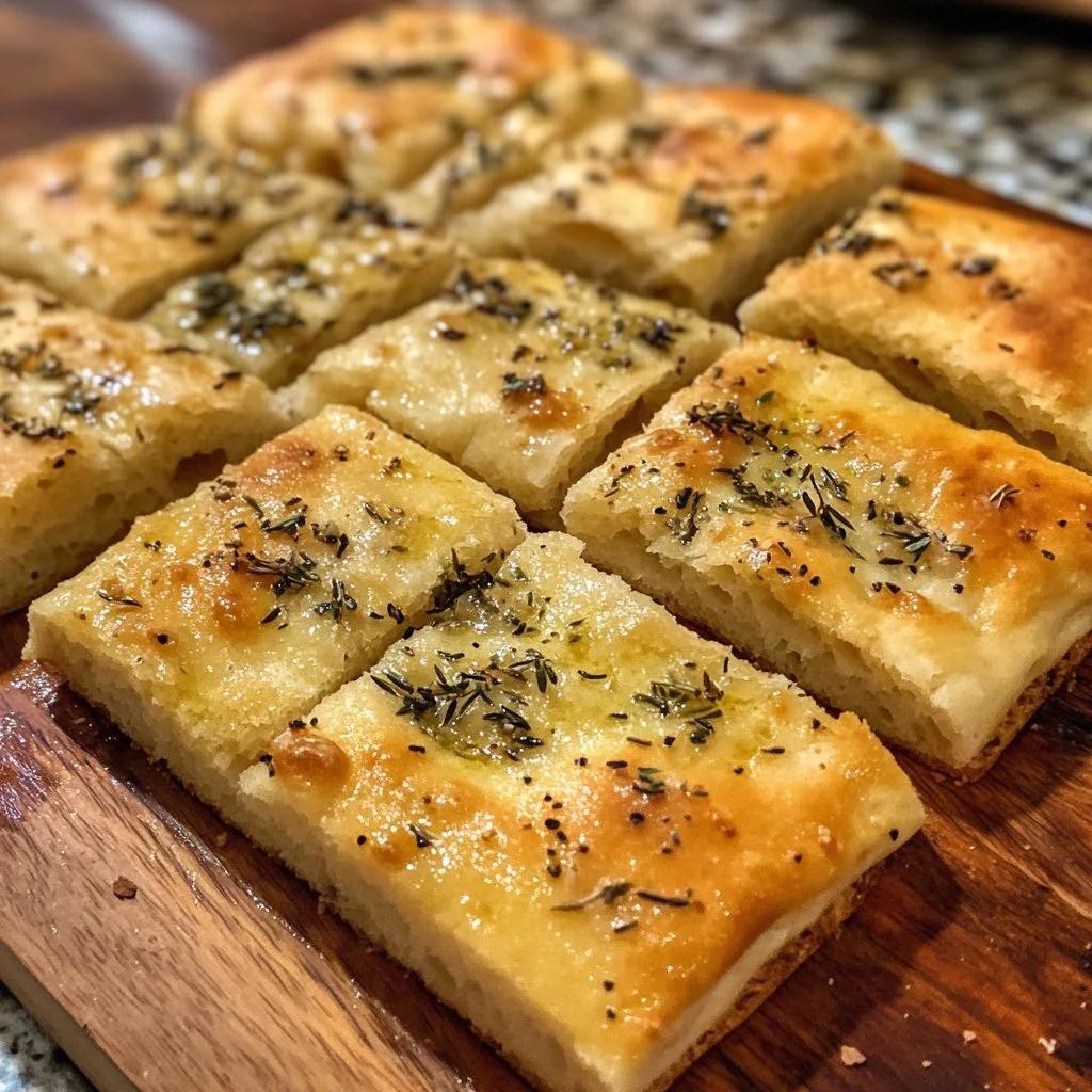 Freshly baked simple sourdough focaccia topped with herbs and olive oil