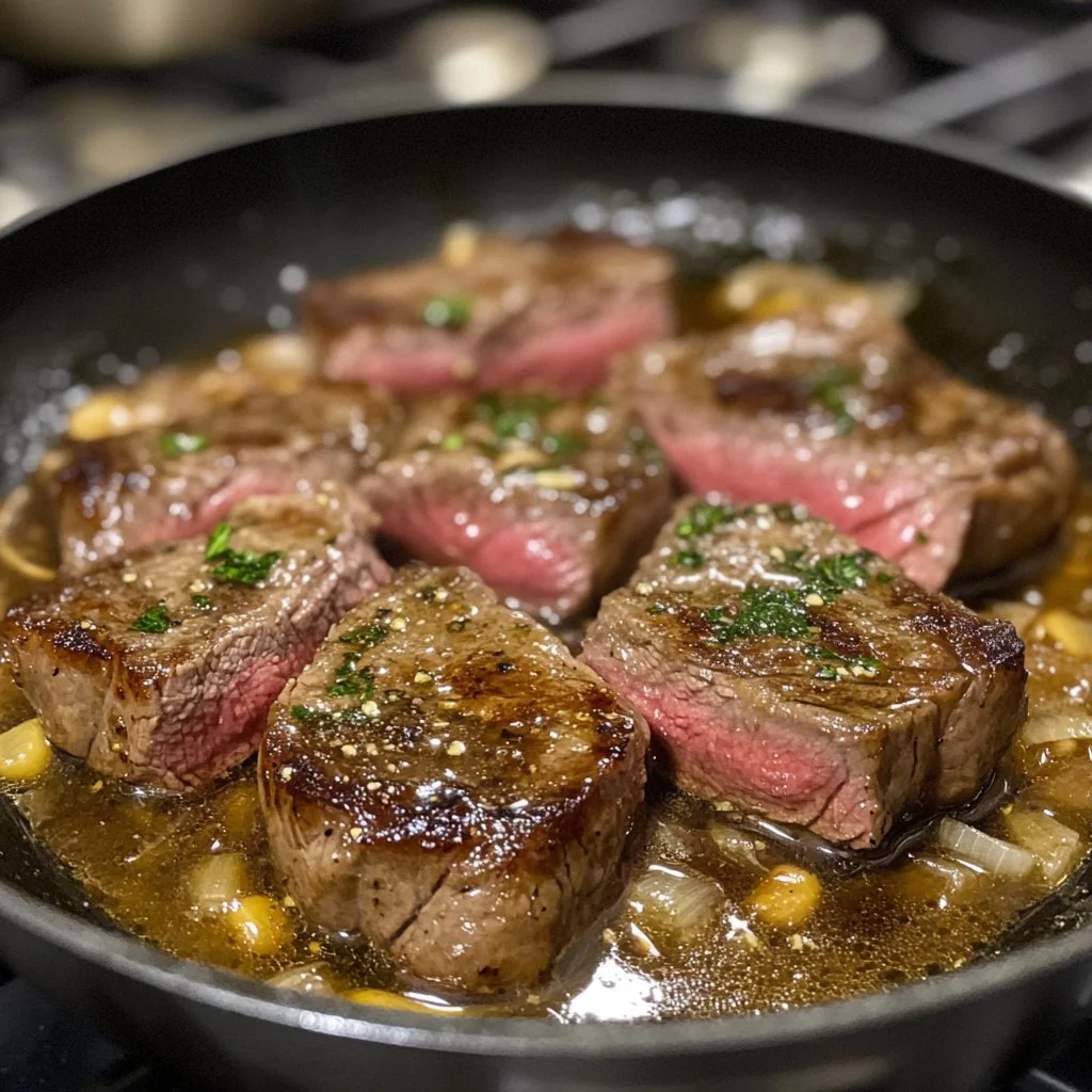 Sizzling Cowboy Butter Steak garnished with herbs and served on a plate