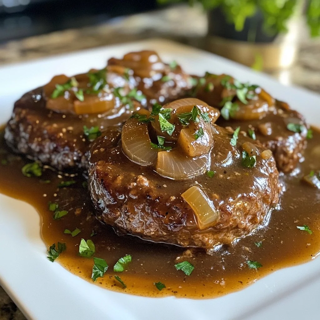 Delicious Slow Cooker Salisbury Steak served with creamy mashed potatoes
